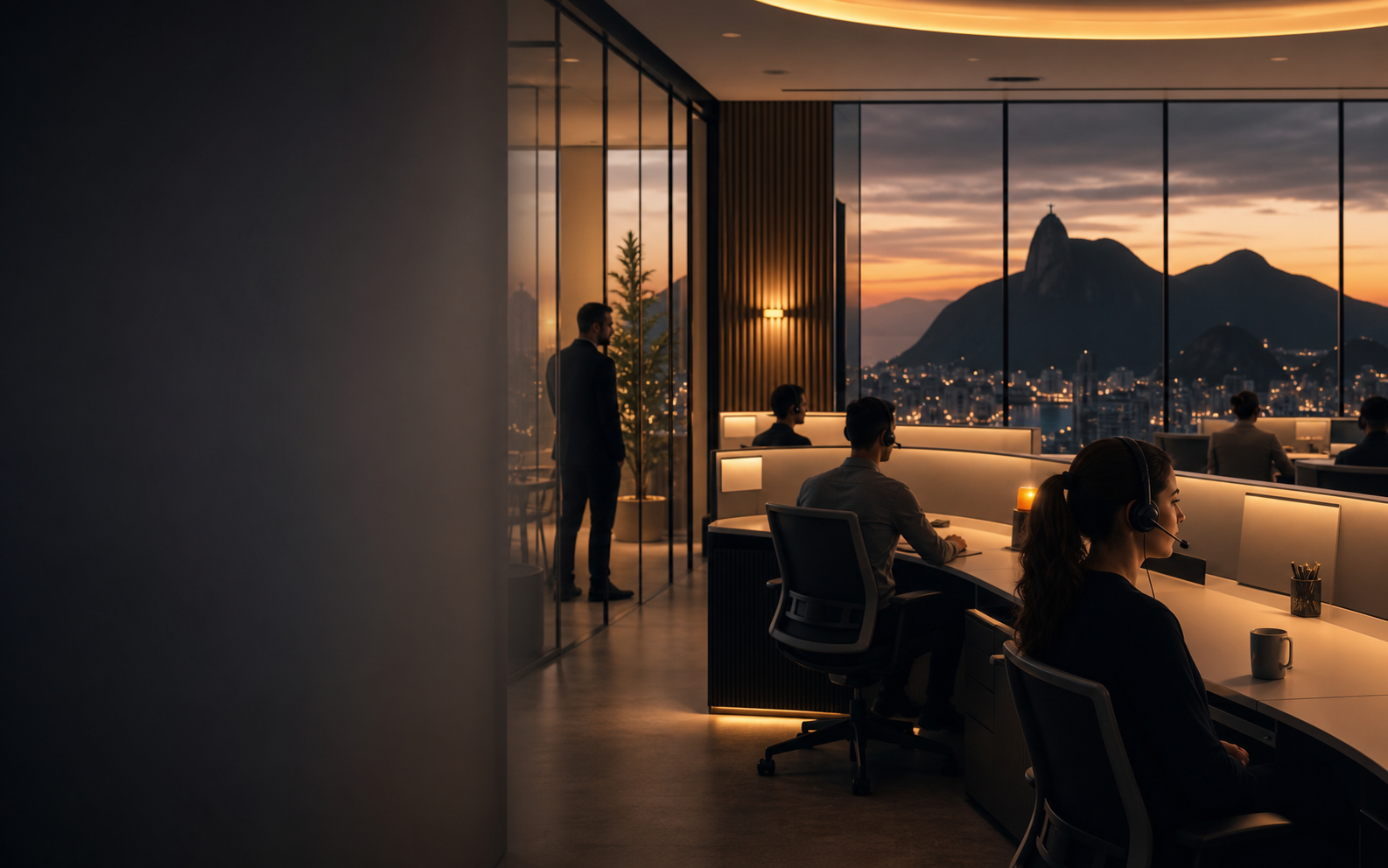 Equipe de atendimento trabalhando em uma sala de operações ao entardecer.